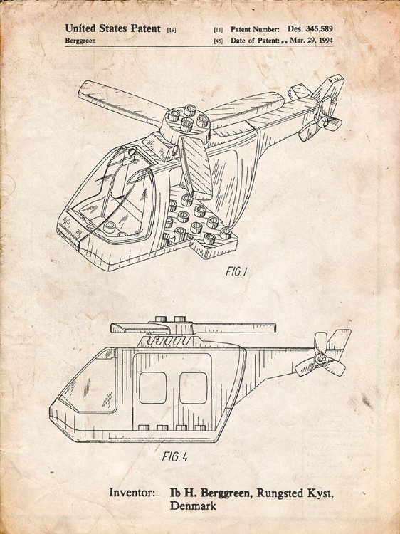 Picture of PP929-VINTAGE PARCHMENT LEGO HELICOPTER BUILDING KIT PATENT POSTER