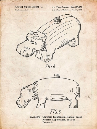 Picture of PP930-VINTAGE PARCHMENT LEGO HIPPOPOTAMUS PATENT POSTER