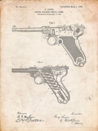 Picture of PP947-VINTAGE PARCHMENT LUGER PISTOL PATENT POSTER