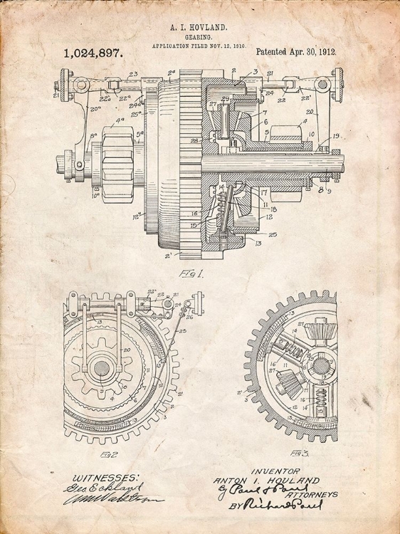 Picture of PP953-VINTAGE PARCHMENT MECHANICAL GEARING 1912 PATENT POSTER