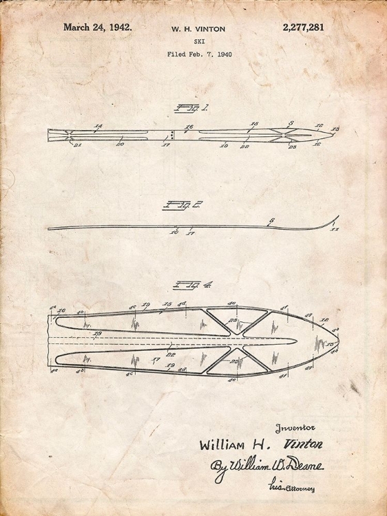 Picture of PP955-VINTAGE PARCHMENT METAL SKIS 1940 PATENT POSTER