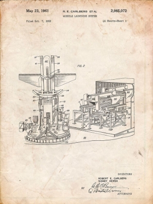 Picture of PP959-VINTAGE PARCHMENT MISSILE LAUNCHING SYSTEM PATENT 1961 WALL ART POSTER