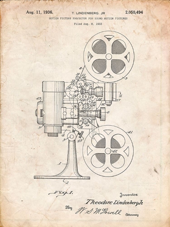 Picture of PP966-VINTAGE PARCHMENT MOVIE PROJECTOR 1933 PATENT POSTER