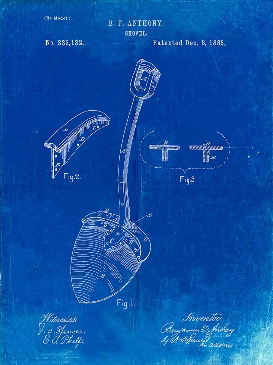 Picture of PP976-FADED BLUEPRINT ORIGINAL SHOVEL PATENT 1885 PATENT POSTER