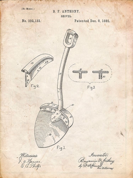 Picture of PP976-VINTAGE PARCHMENT ORIGINAL SHOVEL PATENT 1885 PATENT POSTER