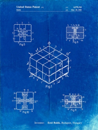 Picture of PP1022-FADED BLUEPRINT RUBIKS CUBE PATENT POSTER