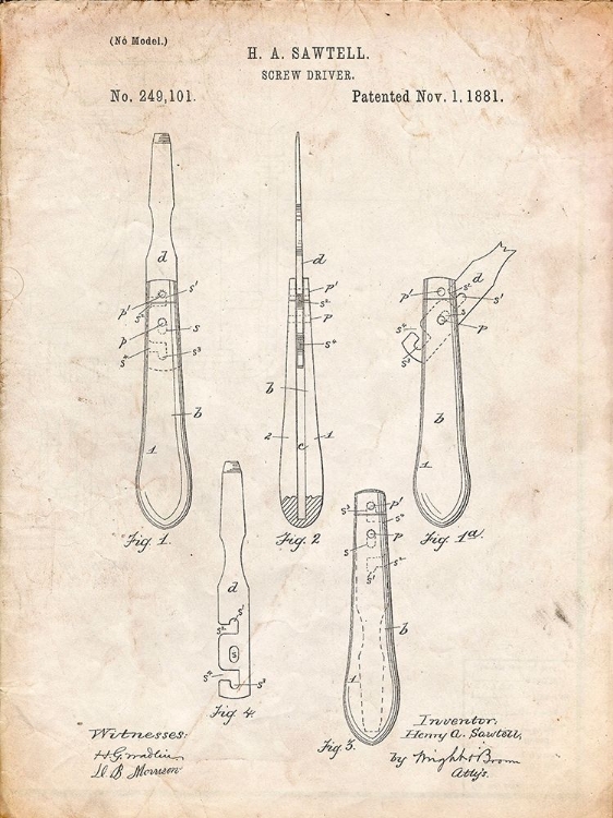 Picture of PP1032-VINTAGE PARCHMENT SCREW DRIVER PATENT 1881 WALL ART POSTER