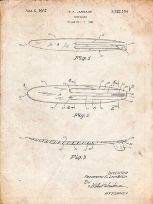 Picture of PP1073-VINTAGE PARCHMENT SURFBOARD 1965 PATENT POSTER