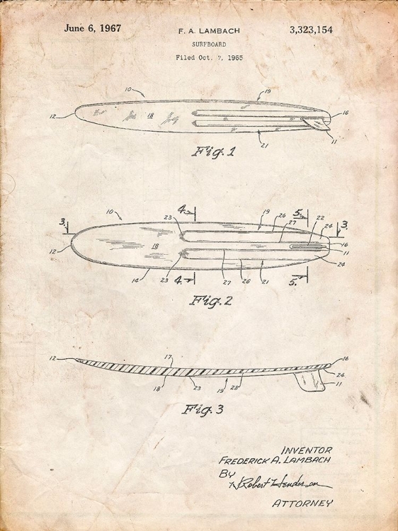 Picture of PP1073-VINTAGE PARCHMENT SURFBOARD 1965 PATENT POSTER