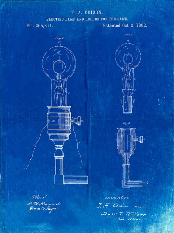 Picture of PP1082-FADED BLUEPRINT T. A. EDISON LIGHT BULB AND HOLDER PATENT ART