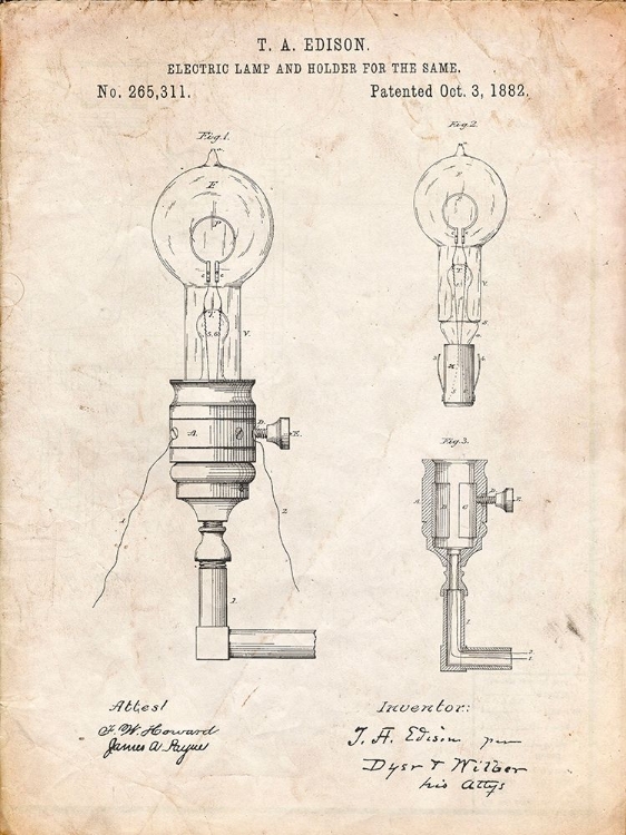 Picture of PP1082-VINTAGE PARCHMENT T. A. EDISON LIGHT BULB AND HOLDER PATENT ART