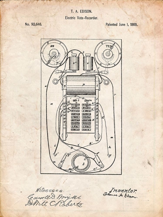 Picture of PP1083-VINTAGE PARCHMENT T. A. EDISON VOTE RECORDER PATENT POSTER