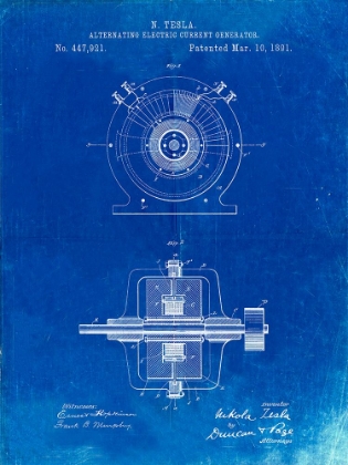 Picture of PP1090-FADED BLUEPRINT TESLA ALTERNATING CURRENT GENERATOR POSTER