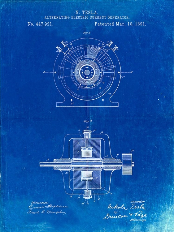 Picture of PP1090-FADED BLUEPRINT TESLA ALTERNATING CURRENT GENERATOR POSTER