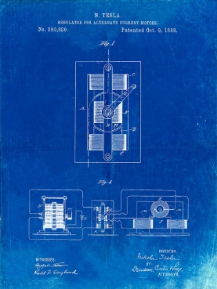 Picture of PP1095-FADED BLUEPRINT TESLA REGULATOR FOR ALTERNATE CURRENT MOTOR PATENT POSTER