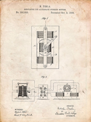 Picture of PP1095-VINTAGE PARCHMENT TESLA REGULATOR FOR ALTERNATE CURRENT MOTOR PATENT POSTER