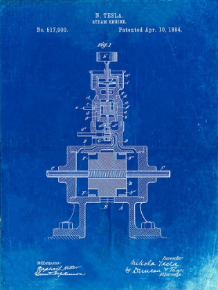 Picture of PP1096-FADED BLUEPRINT TESLA STEAM ENGINE PATENT POSTER