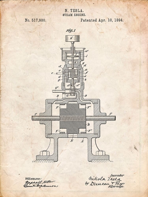 Picture of PP1096-VINTAGE PARCHMENT TESLA STEAM ENGINE PATENT POSTER