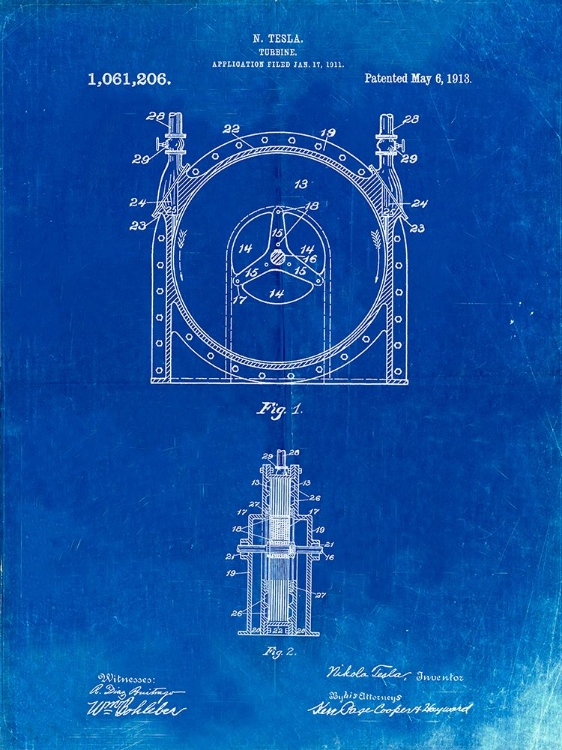 Picture of PP1097-FADED BLUEPRINT TESLA TURBINE PATENT POSTER