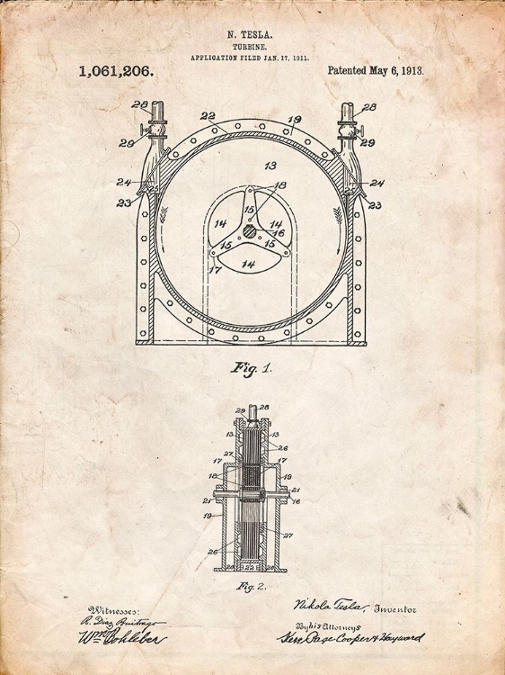 Picture of PP1097-VINTAGE PARCHMENT TESLA TURBINE PATENT POSTER