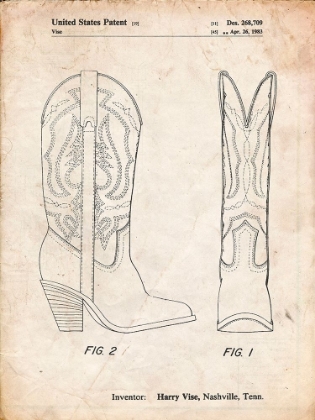 Picture of PP1098-VINTAGE PARCHMENT TEXAS BOOT COMPANY 1983 COWBOY BOOTS PATENT POSTER