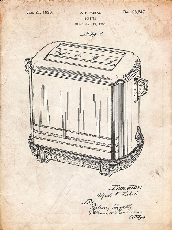 Picture of PP1100-VINTAGE PARCHMENT TOASTER PATENT ART, VINTAGE TOASTER