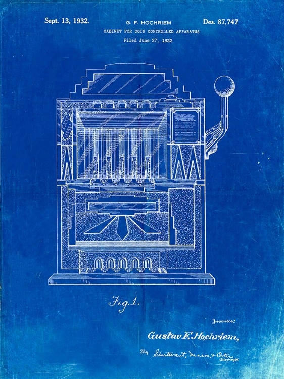 Picture of PP1125-FADED BLUEPRINT VINTAGE SLOT MACHINE 1932 PATENT POSTER
