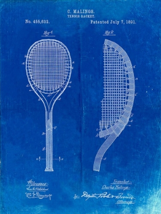 Picture of PP1127-FADED BLUEPRINT VINTAGE TENNIS RACKET 1891 PATENT POSTER