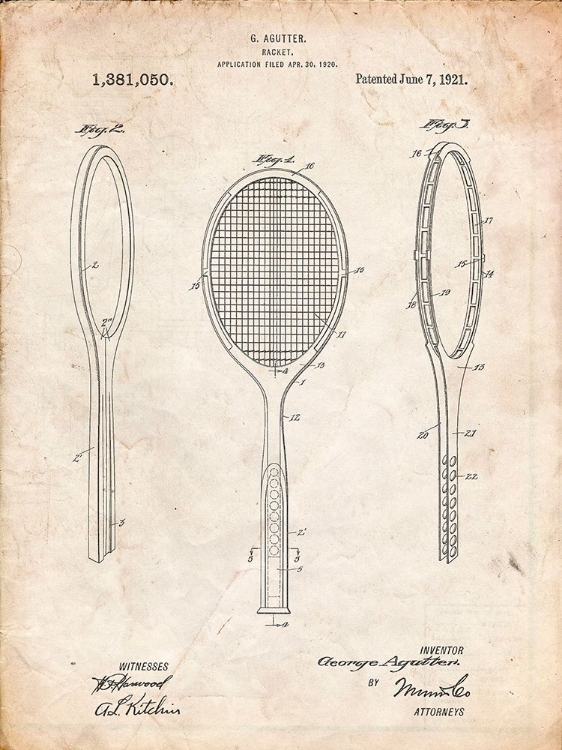 Picture of PP1128-VINTAGE PARCHMENT VINTAGE TENNIS RACKET PATENT POSTER