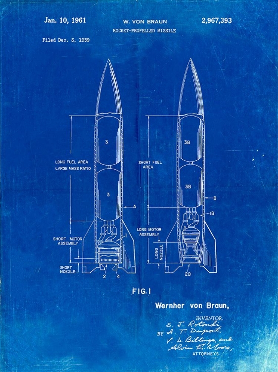 Picture of PP1129-FADED BLUEPRINT VON BRAUN ROCKET MISSILE PATENT POSTER