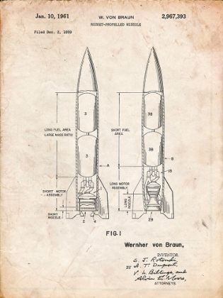 Picture of PP1129-VINTAGE PARCHMENT VON BRAUN ROCKET MISSILE PATENT POSTER