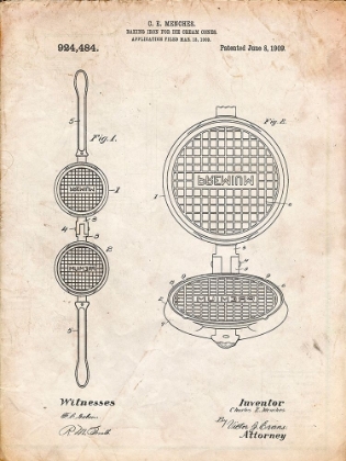 Picture of PP1130-VINTAGE PARCHMENT WAFFLE IRON FOR ICE CREAM CONES 1909 PATENT POSTER