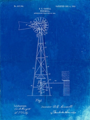 Picture of PP1137-FADED BLUEPRINT WINDMILL 1906 PATENT POSTER