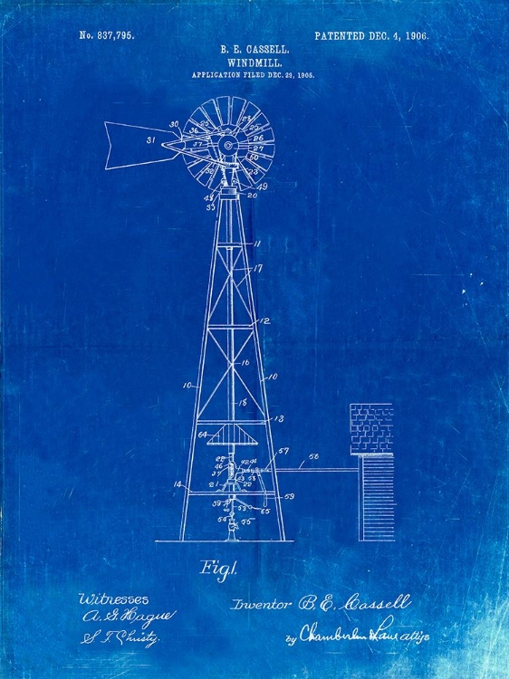 Picture of PP1137-FADED BLUEPRINT WINDMILL 1906 PATENT POSTER