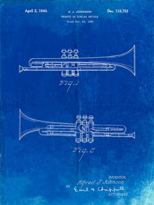 Picture of PP1140-FADED BLUEPRINT YORK TRUMPET 1939 PATENT POSTER