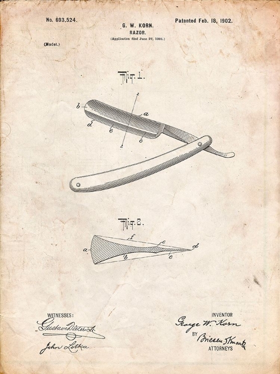 Picture of PP1178-VINTAGE PARCHMENT STRAIGHT RAZOR PATENT POSTER