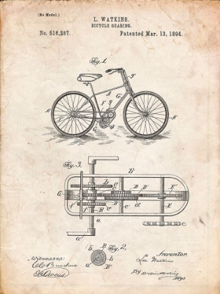 Picture of PP51-VINTAGE PARCHMENT BICYCLE GEARING 1894 PATENT POSTER
