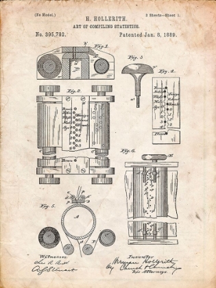 Picture of PP110-VINTAGE PARCHMENT HOLLERITH MACHINE PATENT POSTER