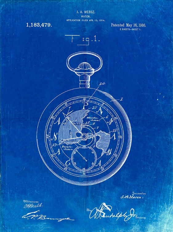 Picture of PP112-FADED BLUEPRINT U.S. WATCH CO. POCKET WATCH PATENT POSTER