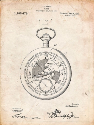 Picture of PP112-VINTAGE PARCHMENT U.S. WATCH CO. POCKET WATCH PATENT POSTER