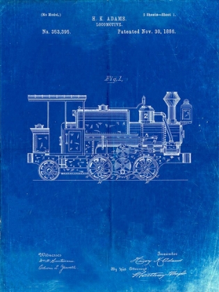 Picture of PP122- FADED BLUEPRINT STEAM LOCOMOTIVE 1886 PATENT POSTER