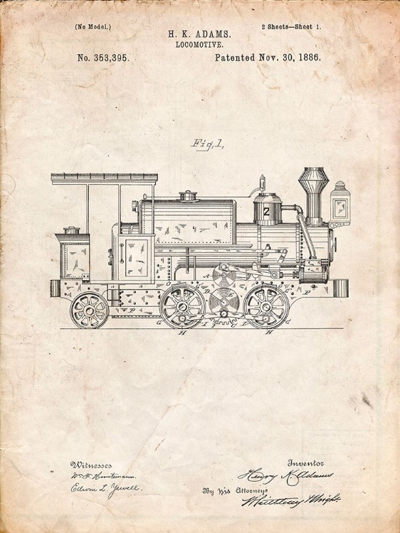 Picture of PP122- VINTAGE PARCHMENT STEAM LOCOMOTIVE 1886 PATENT POSTER