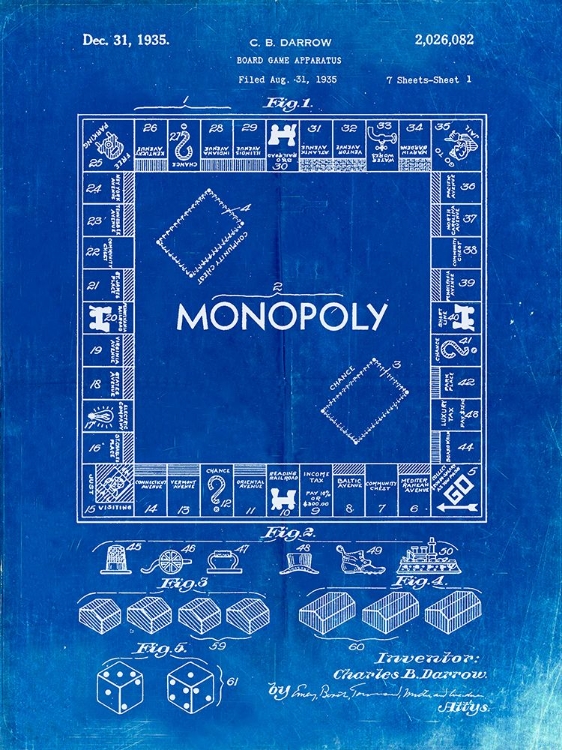 Picture of PP131- FADED BLUEPRINT MONOPOLY PATENT POSTER