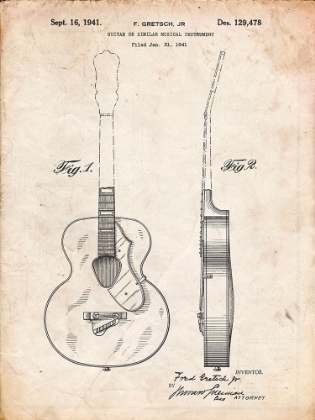 Picture of PP138- VINTAGE PARCHMENT GRETSCH 6022 RANCHER GUITAR PATENT POSTER