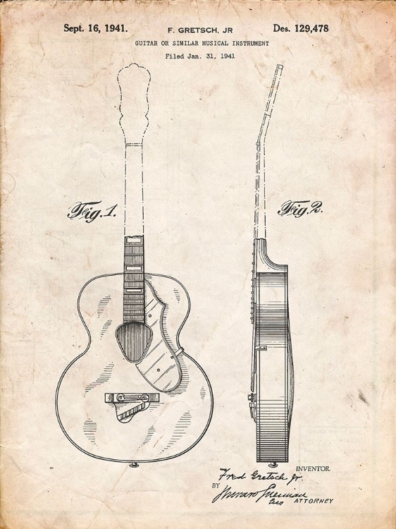 Picture of PP138- VINTAGE PARCHMENT GRETSCH 6022 RANCHER GUITAR PATENT POSTER