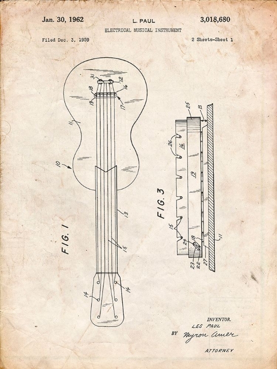 Picture of PP140- VINTAGE PARCHMENT GIBSON LES PAUL GUITAR PATENT POSTER