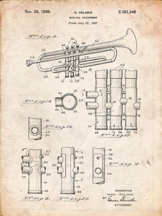 Picture of PP141- VINTAGE PARCHMENT SELMER 1939 TRUMPET PATENT POSTER