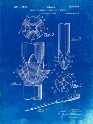 Picture of PP153- FADED BLUEPRINT PHILLIPS HEAD SCREW DRIVER PATENT POSTER