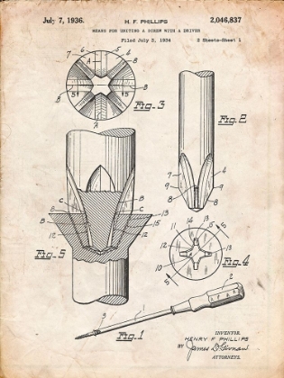 Picture of PP153- VINTAGE PARCHMENT PHILLIPS HEAD SCREW DRIVER PATENT POSTER