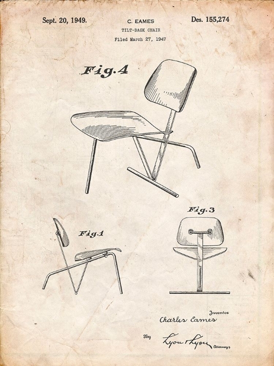 Picture of PP159- VINTAGE PARCHMENT EAMES TILT BACK CHAIR PATENT POSTER